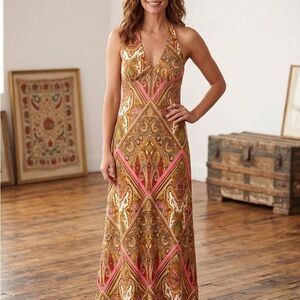 Ruby Rox Paisley Halter Maxi Dress Size S - Pink & Gold Boho Print
